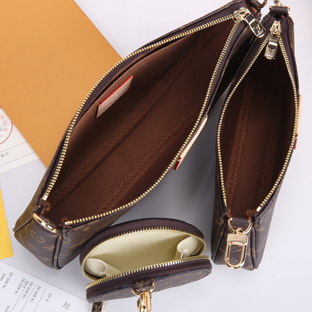 Luxury 3-in-1 Monogram Canvas Handbag Set | Multi-Pochette Crossbody Bag 24cm (Emerald/Pink/Caramel) with Full Packaging