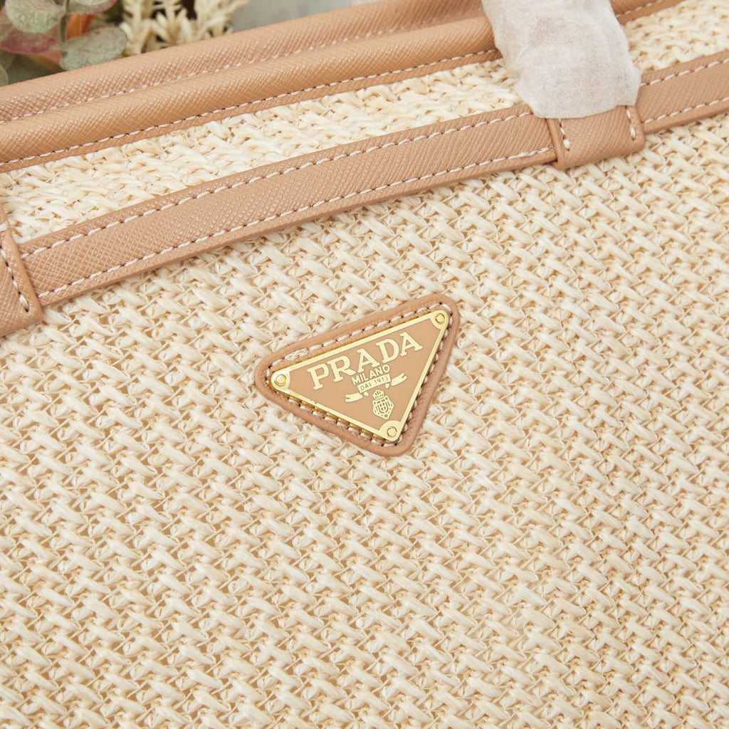 🌴 PRADA Raffia Tote Bag 38x30x12｜Waterproof Lining & Detachable Strap｜Summer Woven Beach Bag