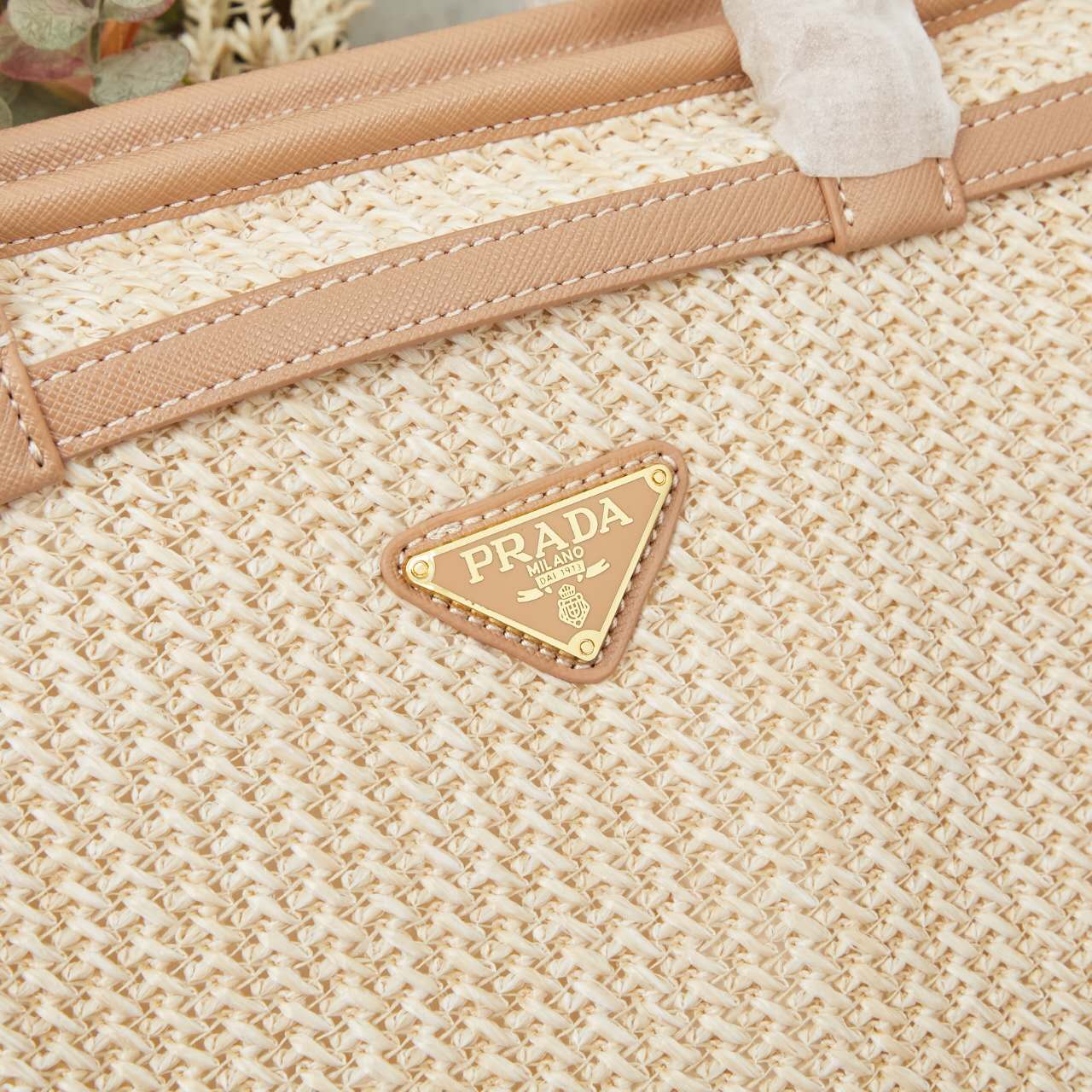 🌴 PRADA Raffia Tote Bag 38x30x12｜Waterproof Lining & Detachable Strap｜Summer Woven Beach Bag