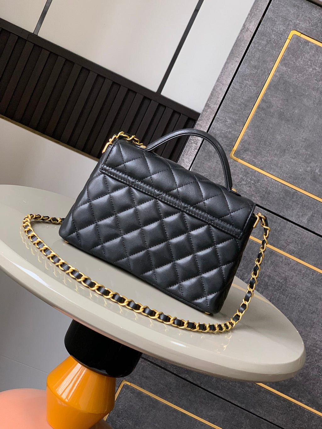 OHANEL Summer Exclusive Black Gold Mini Kelly Vertical Bag - Vintage Luxury Crossbody with Quad Stud Base 14x20x6cm